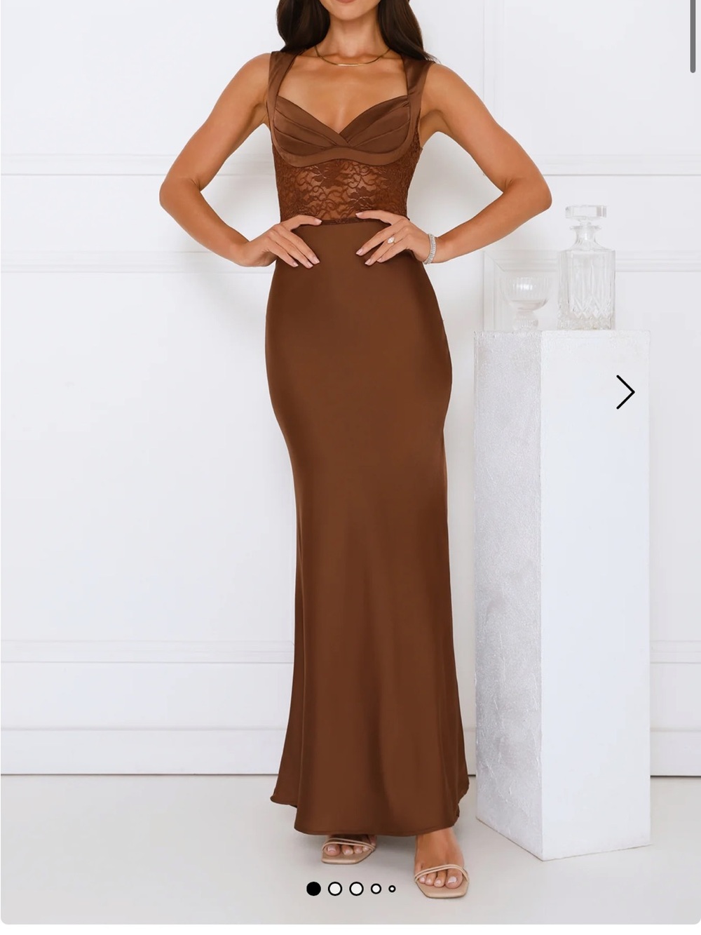PERMISSION TO PARTY SATIN MAXI DRESS BROWN SIZE MEDIUM HELLO MOLLY